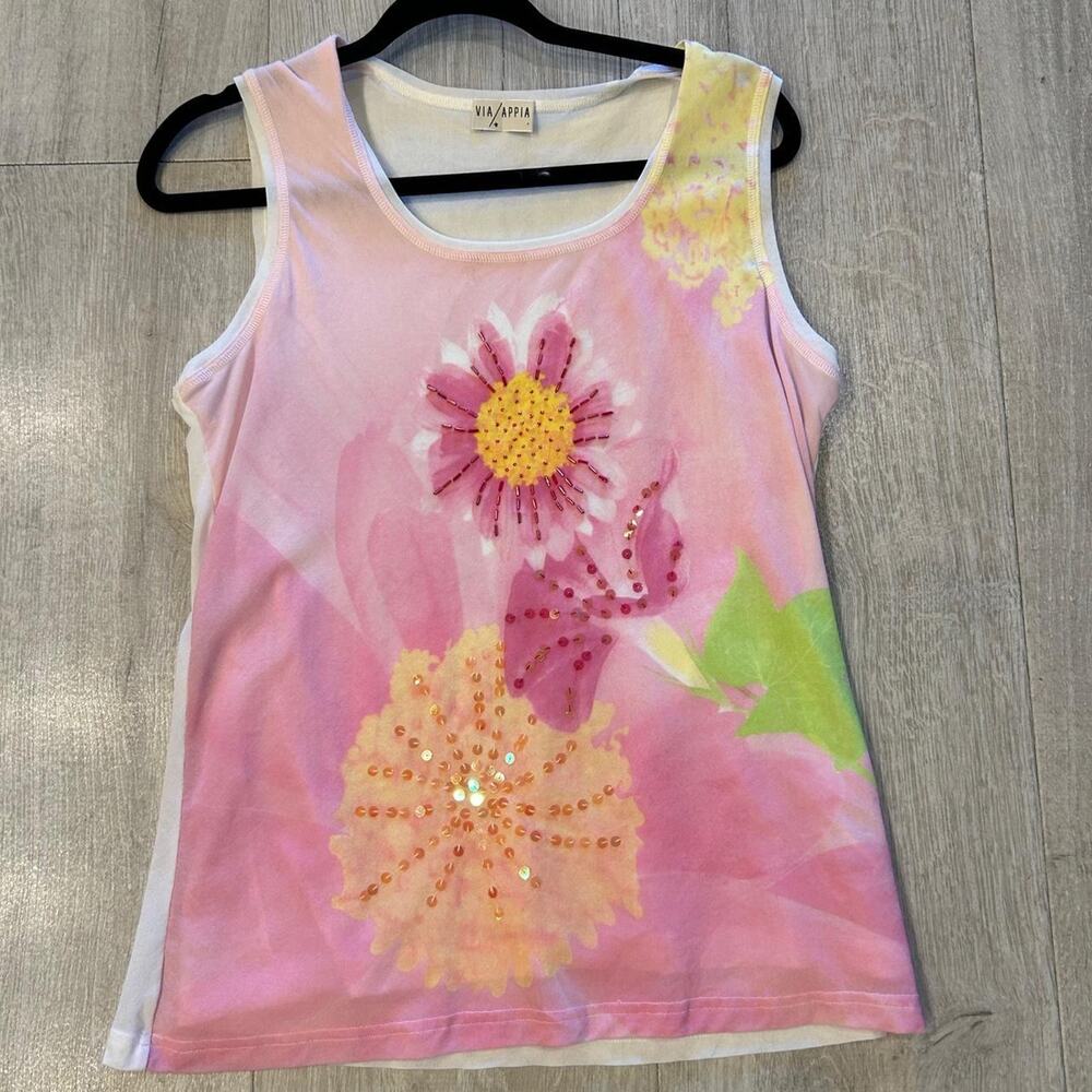Euro pink floral sequin mesh top.